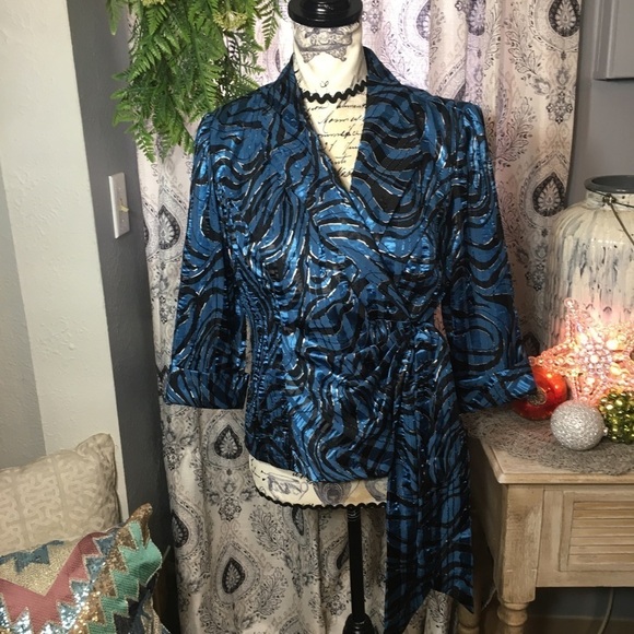 Alex Evenings Petite dark blue and black poly satin zebra print side tie blazer - Picture 1 of 7